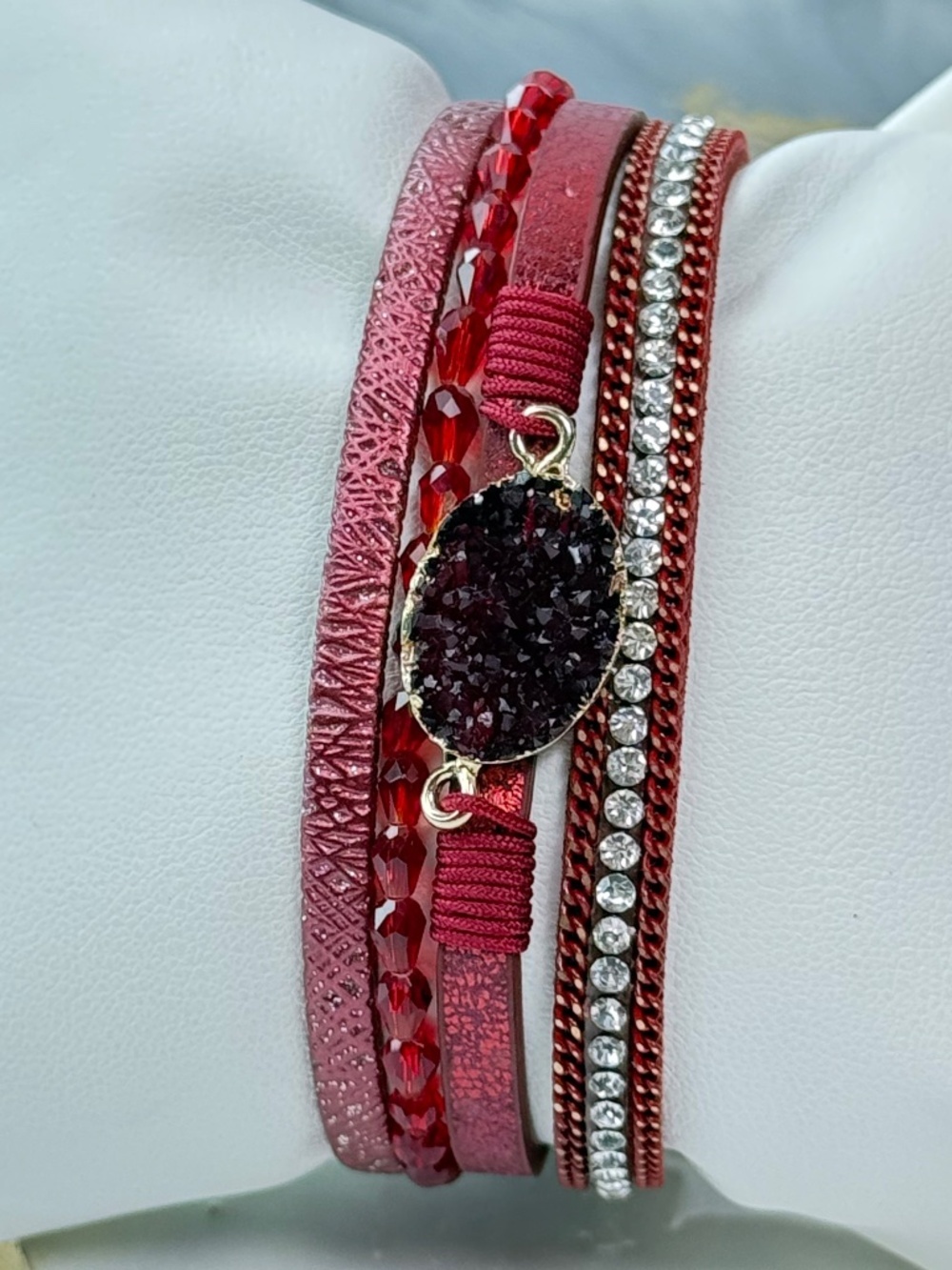 Red Druzy Multi Strand Bracelet Magnetic Clasp Rhinestone Layered Look NWOT